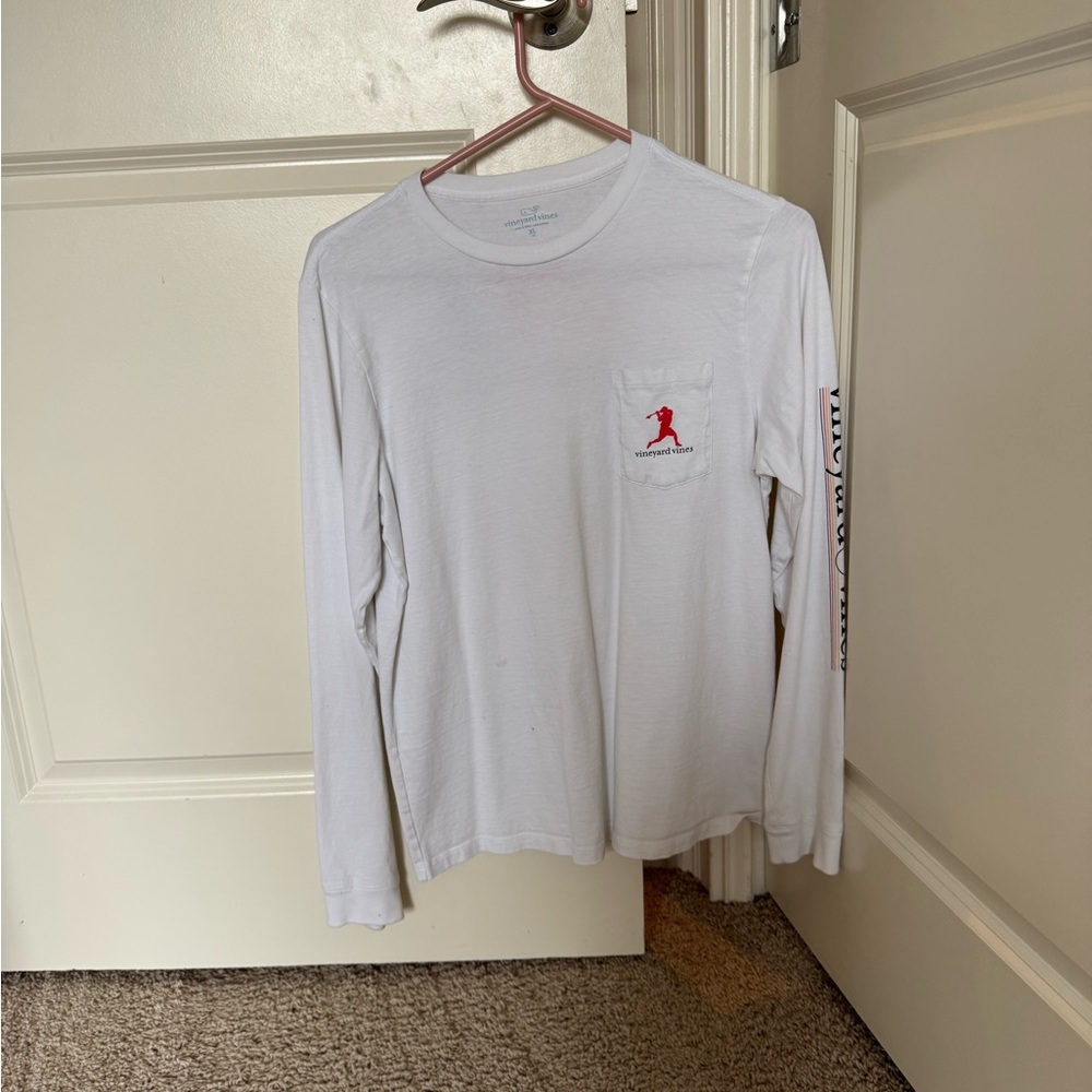 Vineyard Vines White Long Sleeve Tee with Red Logo lacrosse